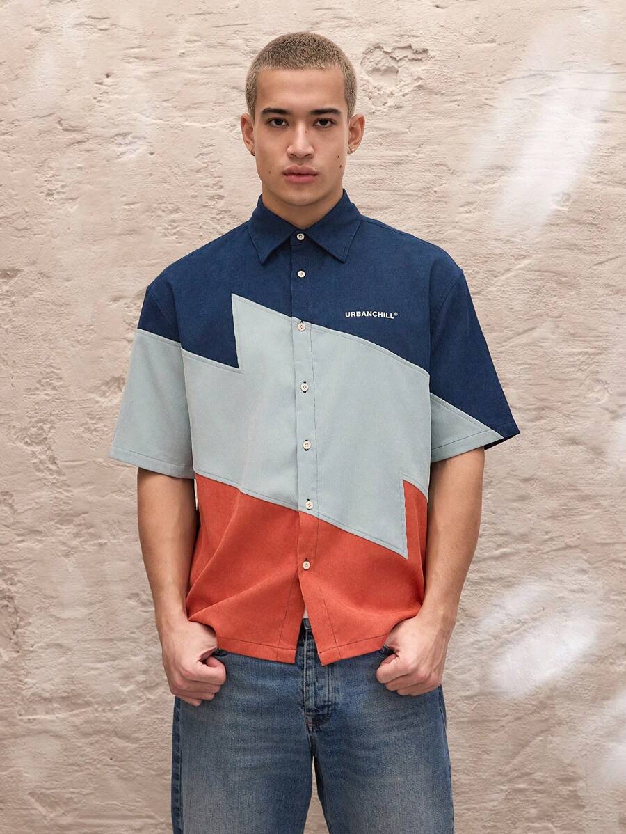 Manfinity VCAY 男士休闲梭织拼接宽松短袖衬衫 - 彩色 - 查看 1