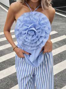 SHEIN Essnce 女式条纹花卉 3D 装饰休闲挂脖背心