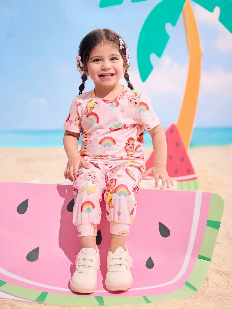 CoComelon X SHEIN 女婴 2 件套可爱甜美彩虹图案 T 恤和裤子家居服睡衣套装，春夏 - 粉色 - 查看 1