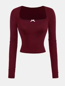 SHEIN Teen Girls Black Knitted Form-Fitting High Elasticity Square Neck Front Bow Decor Casual Elegant Versatile Long Sleeve T-Shirt - Burgundy - View 4