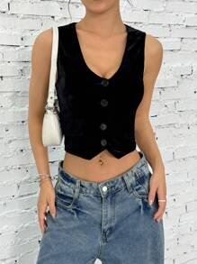 SHEIN EZwear Chaleco corto de mujer de unicolor con un solo botón, versátil y casual - Negro - Ver 1