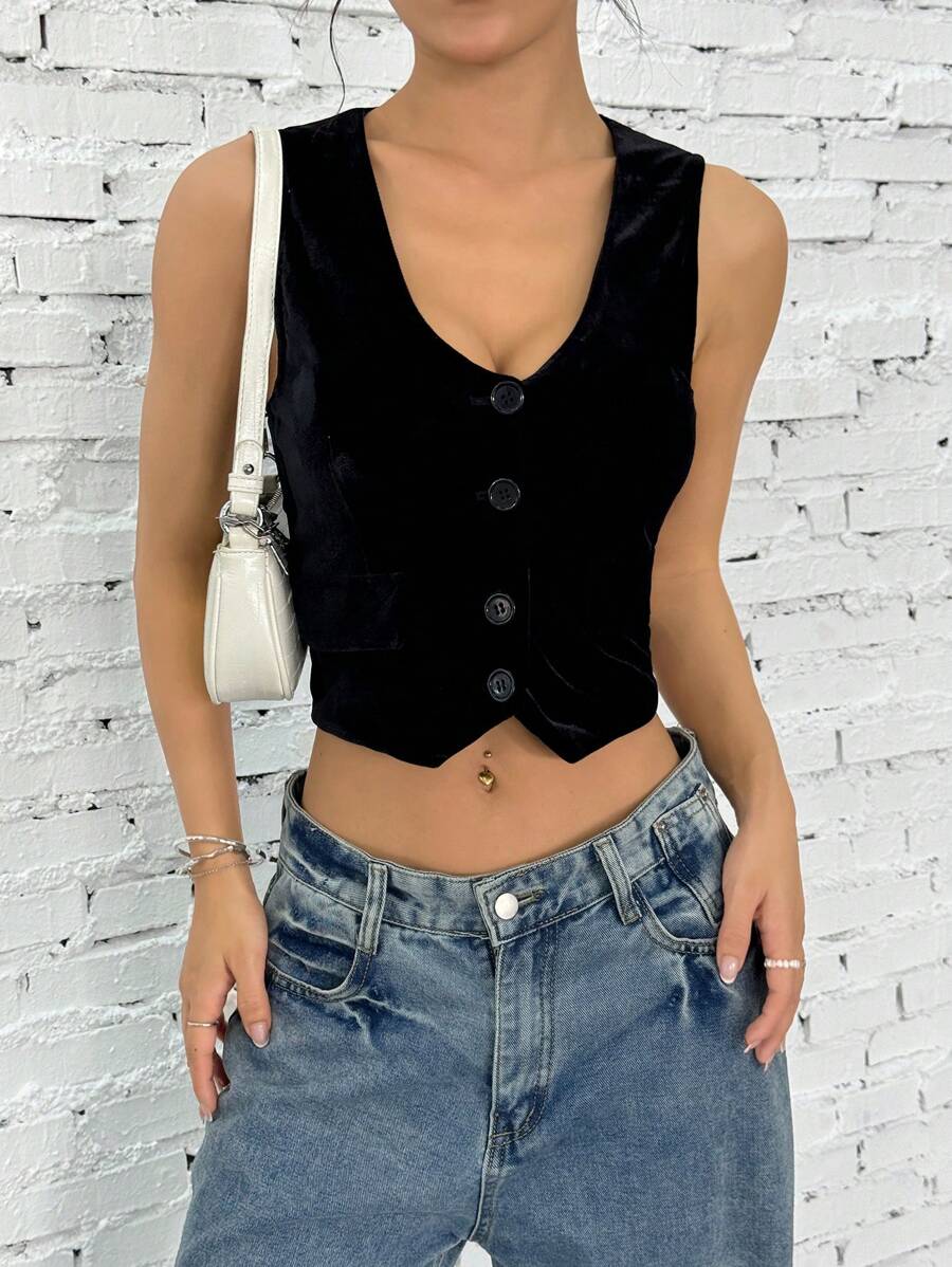 SHEIN EZwear Chaleco corto de mujer de unicolor con un solo botón, versátil y casual - Negro - Ver 1