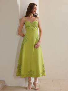 绿色烂花镂空 3D 花卉收腰 A 字形吊带裙，女士夏日节日外出度假装 - 綠色 - 查看 5