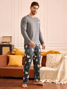 Men's Cat Print Long Sleeve Top And Pants Pajamas Set - Grey - View 3