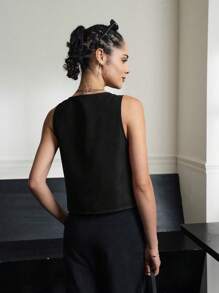 INAWLY Women's Casual Versatile Solid Color Lace-Up Tank Top - Black - View 2