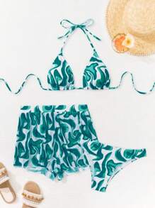Swim Vcay Set de 3 piezas Bikini con estampado aleatorio de Primavera - Verde - Ver 7
