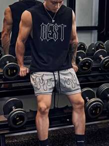 Manfinity Sport Corelite 男友风格男士短裤套装男友风格男士字母图案运动套装、运动服、运动服健身套装篮球服篮球球衣男士篮球球衣拳击服篮球衫健身套装健身上衣透气 - 黑色 - 查看 1