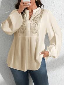 Vionelle Áo cánh tay dài cổ đứng thêu phía trước cỡ lớn mùa xuân và mùa thu màu trơn tay dài tay peplum - Màu be - Xem 6