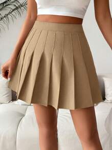 SHEIN PETITE 纯色褶皱优雅休闲通勤 Y2k 学院风女式迷你裙，春夏 - 卡其色 - 查看 6