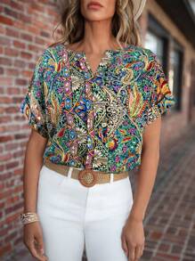 SHEIN LUNE 女士佩斯利印花宽松休闲度假纽扣衬衫，夏季 - 彩色 - 查看 3