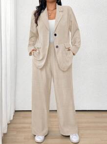 EMERY ROSE Bộ đồ vest thường ngày dài tay cổ ve màu trơn cỡ lớn cho nữ, mùa thu - Màu be - Xem 1