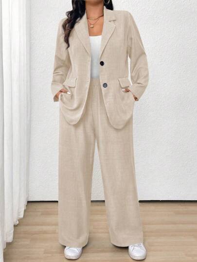 EMERY ROSE Plus Size Women Solid Color Lapel Neck Long Sleeve Jacket And Pants Casual Suit Set, Autumn Graduation,Back To School,Teacher Outfits For Women Fall Cloth For Women Winter