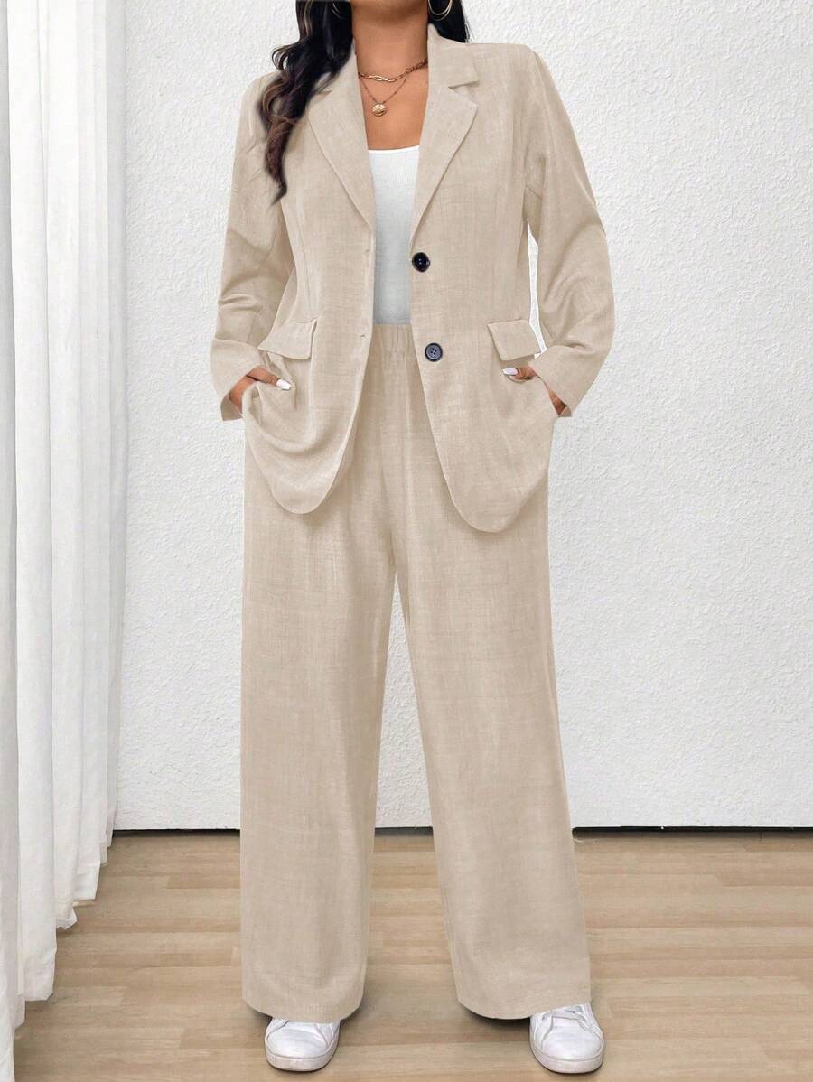 EMERY ROSE Bộ đồ vest thường ngày dài tay cổ ve màu trơn cỡ lớn cho nữ, mùa thu - Màu be - Xem 1