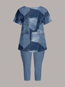 EMERY ROSE 2pcs/Set Plus Size Women Casual Patchwork Denim Effect T-Shirt And 3/4 Leggings Set, Summer