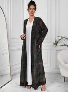 Yasmyna Women's  Elegantly Fade Multicolor, Tie-Dye Peint Long Sleeve Metal Button Cardigan Robe, Spring,, Abayas  Spring Break Outfits,Modest - Black - View 4