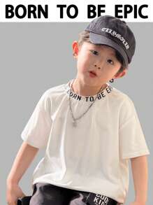 SHEIN 1 chiếc áo thun họa tiết chữ Unisex cỡ lớn thoải mái cho trẻ em, thiết kế đơn giản đa năng thích hợp cho mùa xuân/hè, trang phục thường ngày, thể thao, đi chơi, đi học, tụ tập, ngày lễ, chụp ảnh, mùa tựu trường - trắng - Xem 1