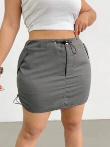 Flirla Plus Size Women Drawstring Waist Short Casual Cargo Skirt