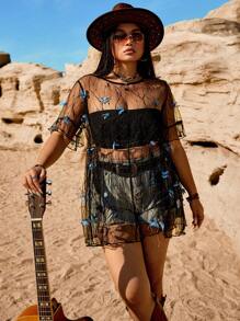 SHEIN EZwear Plus Size Blue Heart Decor & Ruffle Hem Mesh Short Sleeve Top, Suitable For Music Festivals, Spring/Summer - Multicolor - View 6