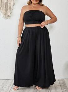 SHEIN CURVE+ 大码女式夏季波西米亚风露背褶皱裤套装，海滩度假性感波西米亚风度假 - 黑色 - 查看 9