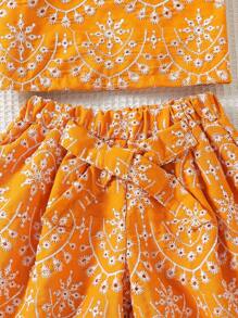 SHEIN 2pcs/Set Girls Summer Outfit, Sleeveless Ruffle Trim Crop Top With Belt - Orange - View 3