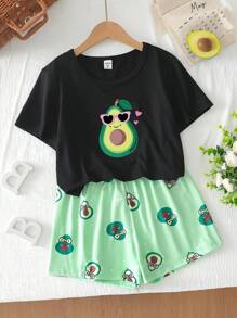 青少年女孩鳄梨印花短袖和短裤两件套睡衣套装，休闲舒适 - 黑色 - 查看 3