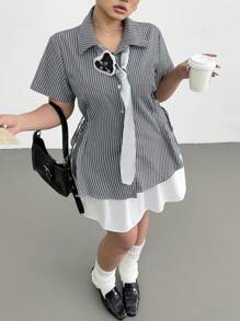POPSWAY Women Plus Size Striped Short Sleeve Cinched Waist Loose Casual Shirt
