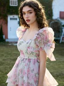 SHEIN MOD Apricot & Pink Floral Print Dreamy Romantic Elegant Organza Dress With Layered Ruffle Hem And Bow Accent, Suitable For Dates, Parties, Holidays, Teas, Birthday, Summer Outfits For Women,Romantic Dresses,Beach Outfits For Woman,Wedding Guest Dress Women,Concert Outfit Women,Rave Outfits Festival, Floral Dress For Women, Elegant Dresses For Women, Holiday Dresses For Women