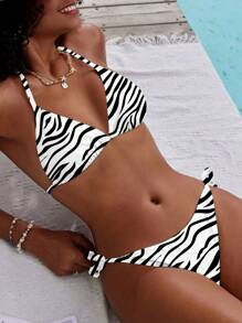 SHEIN Women's Vacation Beach Zebra Print Bikini Set For Summer