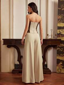 Anewsta Women's Knitted Patchwork Sleeveless Top And Wide-Leg Pants Set, Elegant Design, Suitable For Spring And Summer - Khaki - View 2