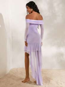 Opulessa Rochie de culoare solidă din plasă din plasă, cu fanta, cu tivul asimetric, pentru femei - Violet - Vizualizare 4