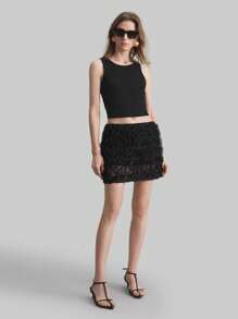 Ontre Bohemian-Style Textured Black Lace Trim A-Line Skirt, Vacation-Inspired - Black - View 6