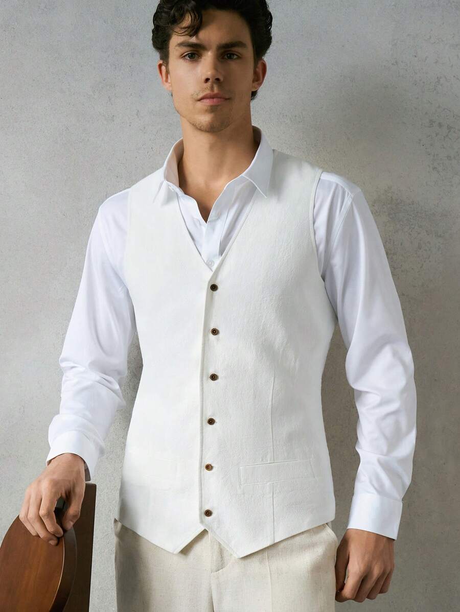 HIMLAND Men's Woven Slim-Fit Crew Neck Sleeveless Casual Suit Vest - White - View 1