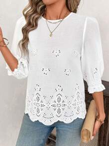 SHEIN Clasi Camisas casuales de mujer de unicolor con cuello redondo, manga media y bordado, aptas para Pascua, estilo bohemio, conciertos, Día de San Patricio, festivales rave, descanso de primavera, verano, playa, conciertos de country, vacaciones casuales, mujeres de estilo country