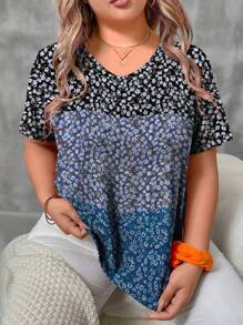 Plus Size Women V-Neck Casual Ditsy Floral Short Sleeve Top, Summer Women Top - Yellow - View 5