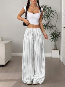 SHEIN Unity Pantalones casuales rectos y holgados de lino con rayas para mujer - Multicolor - Ver 4