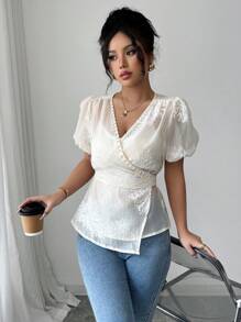 Elenzga 女士刺绣常规度假夏季衬衫 - 杏色 - 查看 6