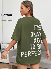 SHEIN EZwear Slogan Graphic Drop Shoulder Tee IT'S OKAY NOT TO BE PERFECT - Army Green - View 5