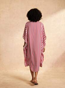 Slaydiva Vacation Casual Loose Long Design Red And White Striped Shirt Women's Dress-M - Red and White - View 2