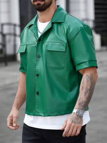 Manfinity Homme 大码男式纯色 PU 皮革单排扣工装口袋短袖衬衫