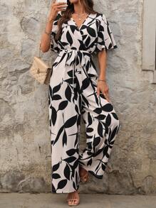 SHEIN Clasi 女士优雅树叶印花 V 领系腰荷叶边袖连体裤 - 彩色 - 查看 6