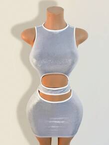 BamGleam Women's 2025 Spring/Summer New Silver Sexy Sleeveless Hollow Out Bodycon Mini Dress, Suitable For Nightclub, Party, Outing - Silver - View 3