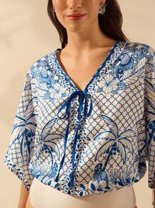 CAJUNI 女士波西米亚蓝白格子、鹦鹉和椰子树印花、热带卡里奥卡度假休闲 V 领紧身衣