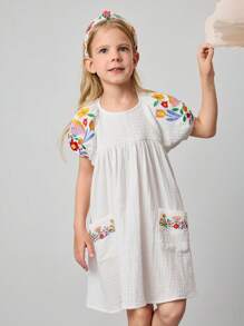 Maija Kids Maija Kids Vestido casual holgado con línea A, manga abullonada y bordados para niñas jóvenes, moda streetwear, apto para uso diario, viajes, escuela, hogar, estilo campestre