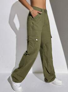 SHEIN EZwear 女式实用口袋直筒宽松休闲百搭牛仔裤 - 軍綠色 - 查看 5