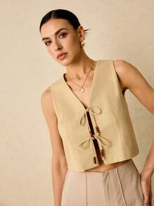 Poéselle Women's Solid Color Front Tie Sleeveless Minimalist Casual Thin Blazer ,Boho Women Clothing - Khaki - View 6