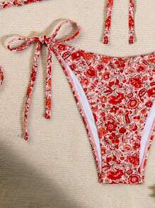 SHEIN Swim Spring Break Vacation Beach Ditsy Floral Two Pieces Bikini Swimwear, Random Patterns For Summer - Red - View 4