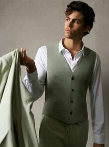 Manfinity VCAY 2pcs Men Slim Fit Notched Collar Fashion Casual Suit Set, Suitable For Daily Office - Green - View 17