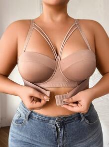 Plus Size Women Front Closure Sports Bra, Supportive Underwire With Removable Lift Pads, Seamless & Light, Anti-Slip Design - Apricot - View 4