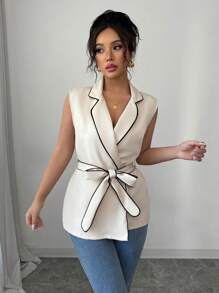 Elenzga 1pc Women Sleeveless Minimalist Contrast Color Thin Blazer Jacket - Apricot - View 5