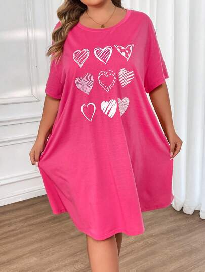 SHEIN CURVE+ Plus Size Heart Print Knitted Elastic A-Line Dress